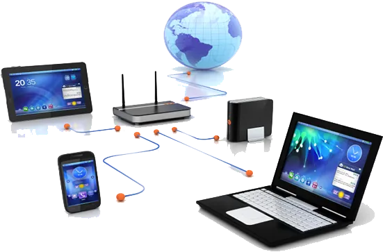 Birbirine bağlı tablet, telefon, dizüstü bilgisayar ve modem
